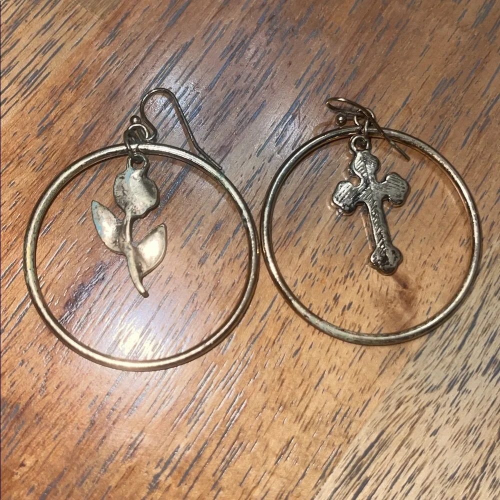 Vintage Gold Hoop Earrings Crystal Rose and Cross Charms Mismatched Jewelry